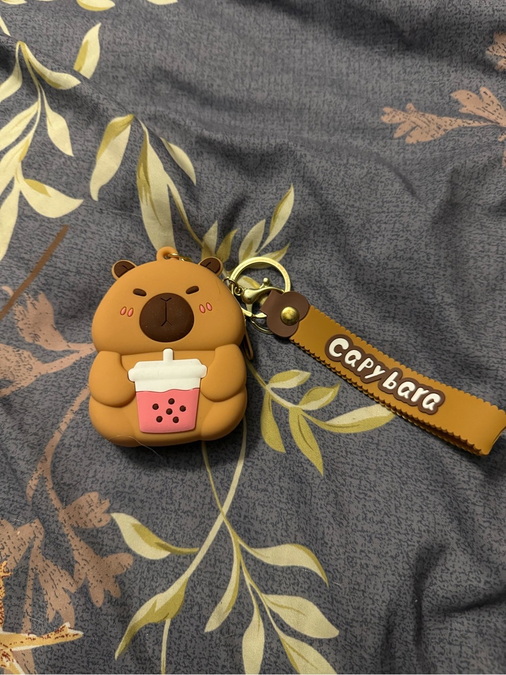 Capybara Brown Silicone Key & Card Holder with Bubble Tea Charm